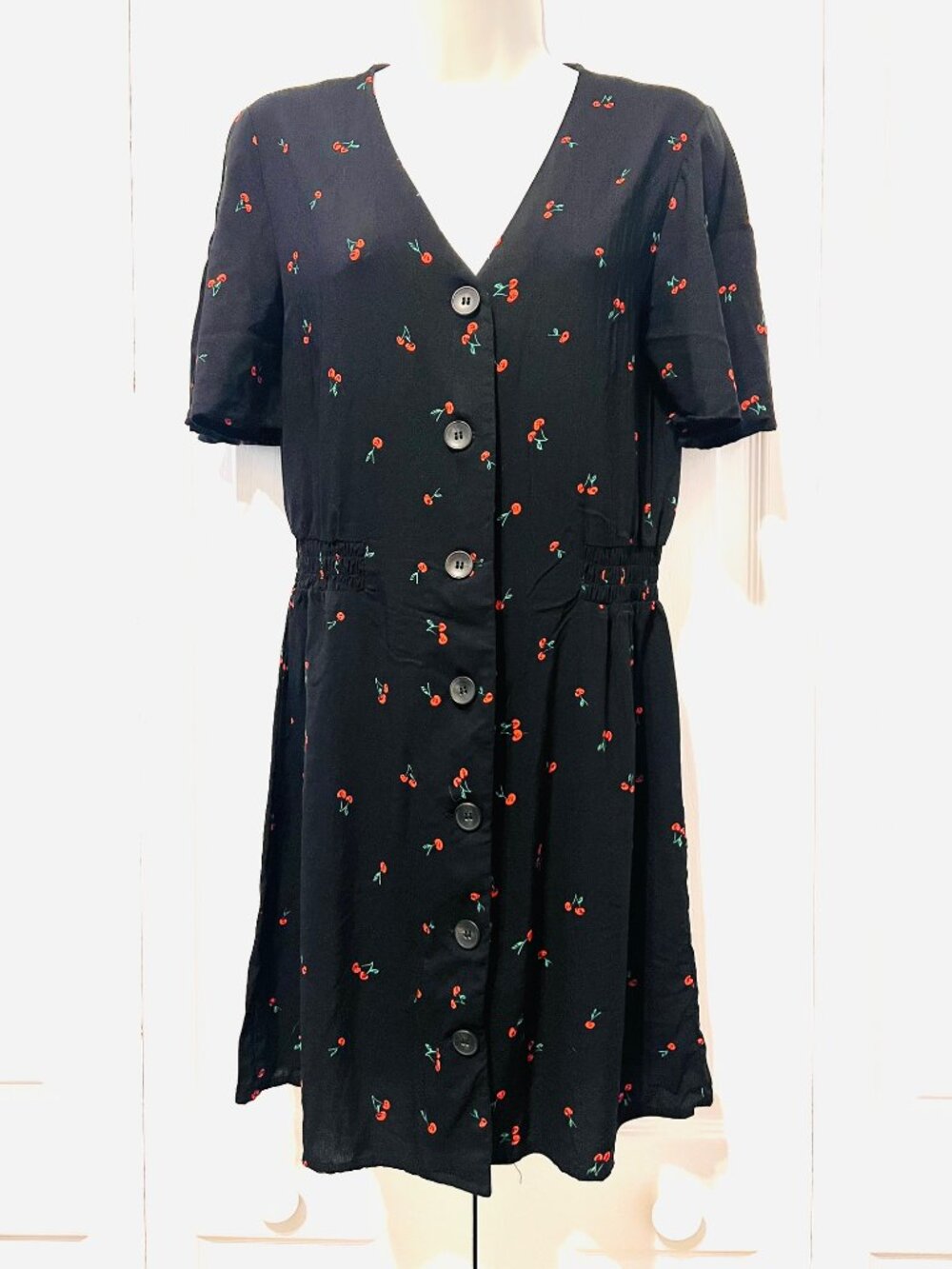 Abound-Women's Small Black/Red Cherries Mini Button Up Short Sleeve Dress
